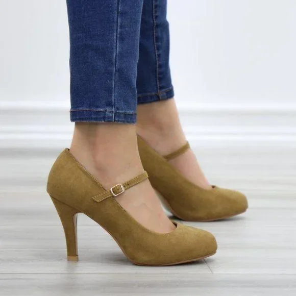 Taupe Suede Low Heel Rockabilly Pumps - Picture 5 of 11